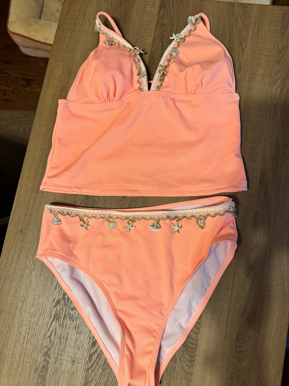 SHEIN Coral Pink Girls Two-Piece Swim Set with Shell Charms